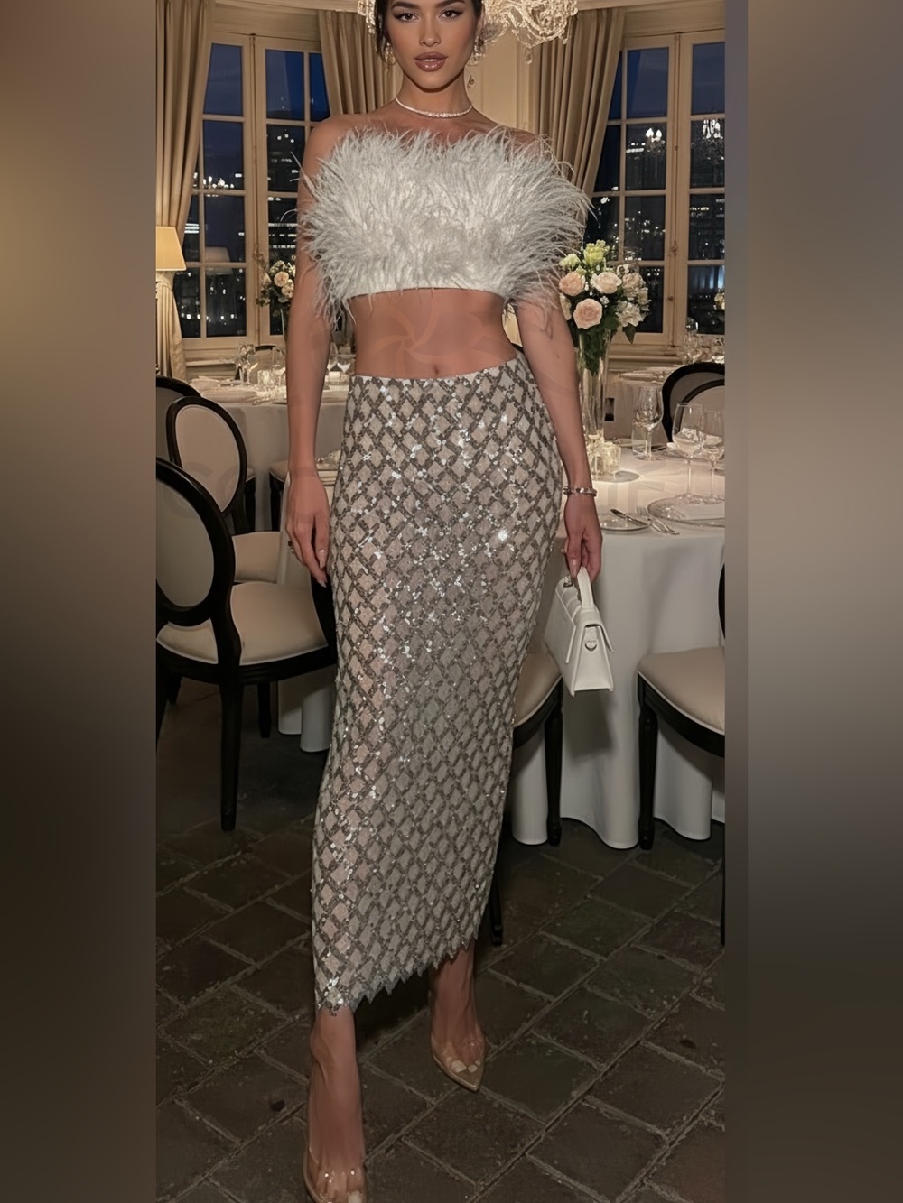 La Vie en Rose Luxury Two piece Set Feather Top & Sequin Embellished Midi Skirt